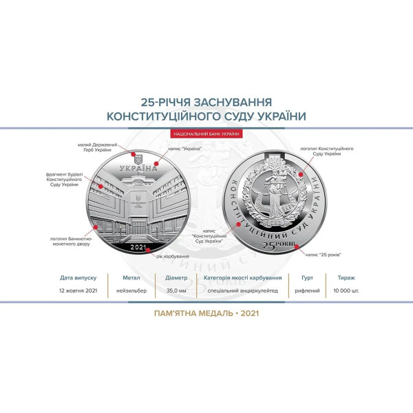 Україна 2021 - Пам’ятна медаль "25-річчя заснування Конституційного Суду України"