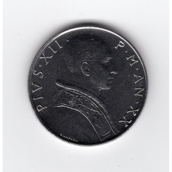Ватикан 50 лір, 1958 / Напис на аверсі "P·M·AN·"